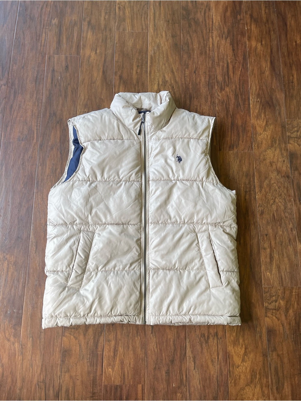 U.S. Polo Assn. Cream Quilted Puffer Vest with Navy Trim